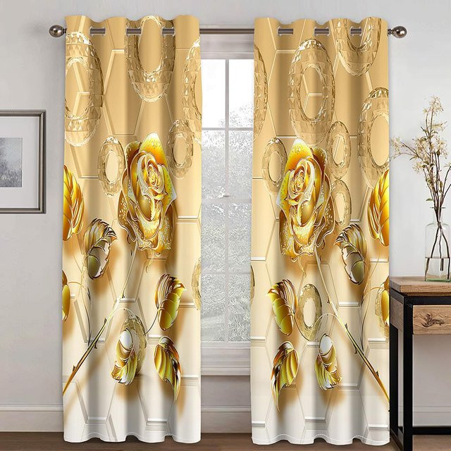 2er-Set Vorhänge mit goldenem Blumen- und Kristallmuster aus Polyester, halbtransparent, B 85 cm x H 200 cm - Bild 1