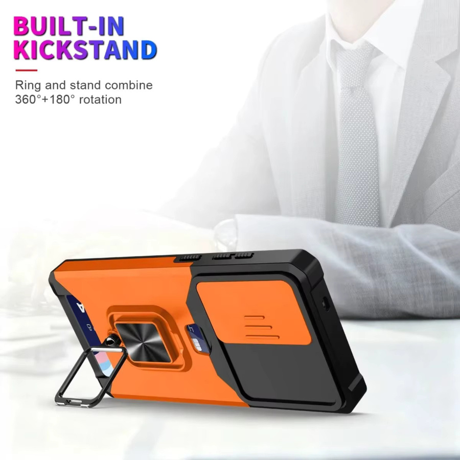 Samsung Handyhülle mit Kartenfach, Ringhalter und Schiebe-Kameraabdeckung in Orange für Android Smartphones - Bild 5