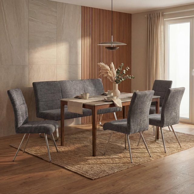 Esszimmer-Set MCW-G55 mit 4 Stühlen und einer 160 cm langen Sitzbank aus Chenille-Stoff in Dunkelgrau und gebürstetem Edelstahl - Bild 1