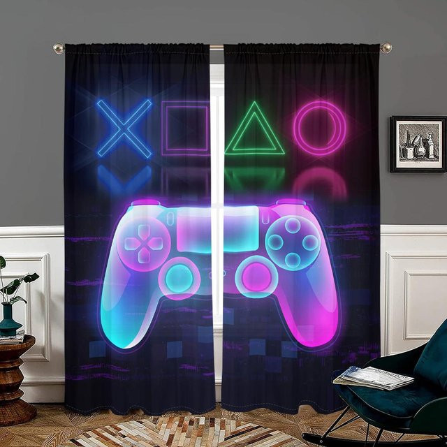 2er-Set halbverdunkelnde Spielcontroller-Vorhänge in Schwarz und Multicolour mit Neon-Design, Breite: 150 cm, Höhe: 166 cm - Bild 1