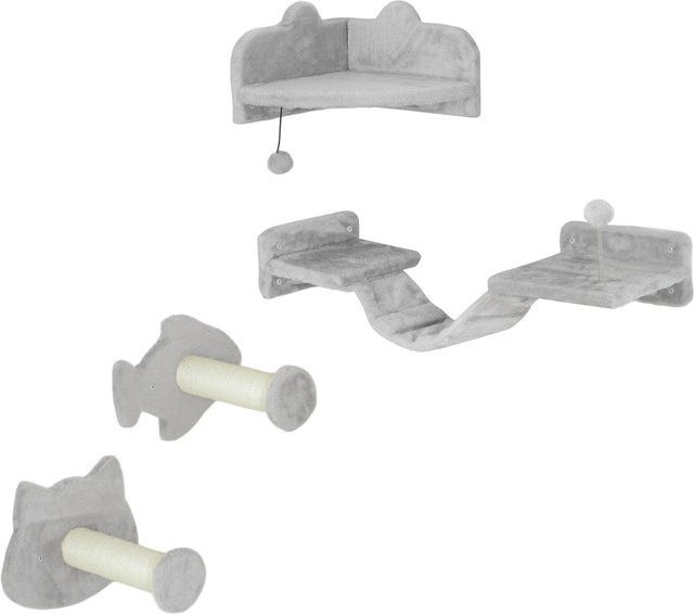 PawHut Katzen Kletterwand Set 4-teilig in Hellgrau mit Kratzbäumen, Stufen, Leiter und Spielball aus Sisal und Plüsch, B/H/L: 26 x 90 x 12,5 cm - Bild 1