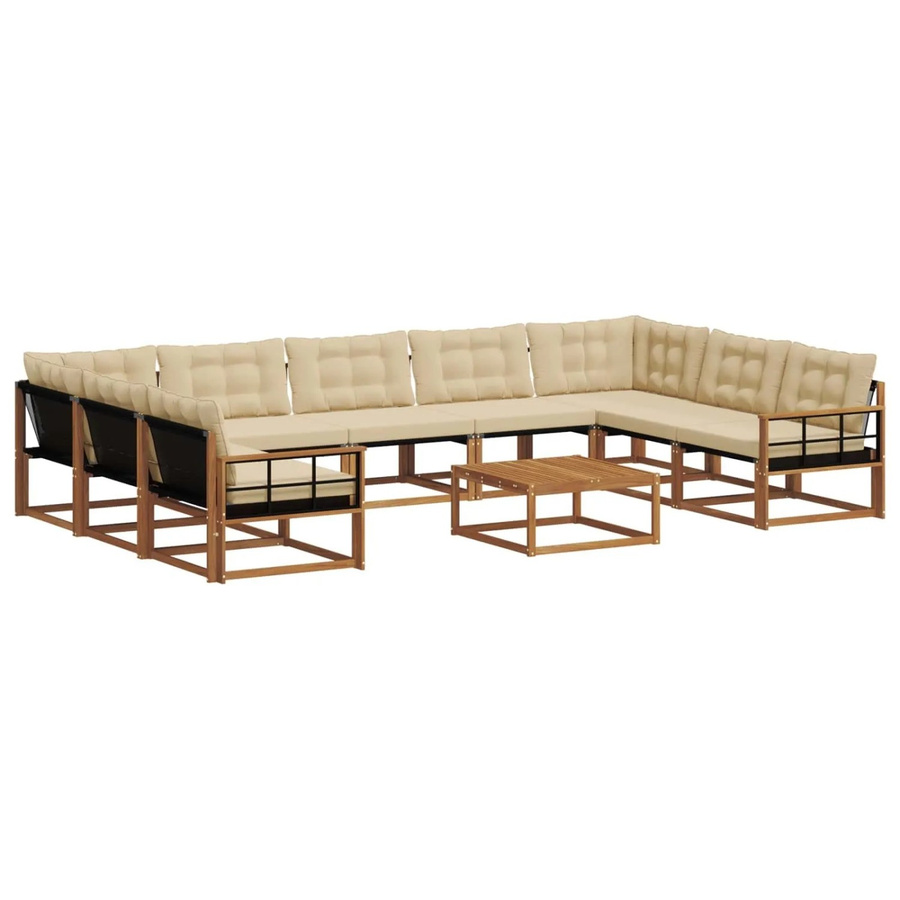 vidaXL Outdoor-Sofagarnitur 10-teilig in U-Form aus massivem Akazienholz mit Textilene und Kissen in Natur-Beige - Bild 2