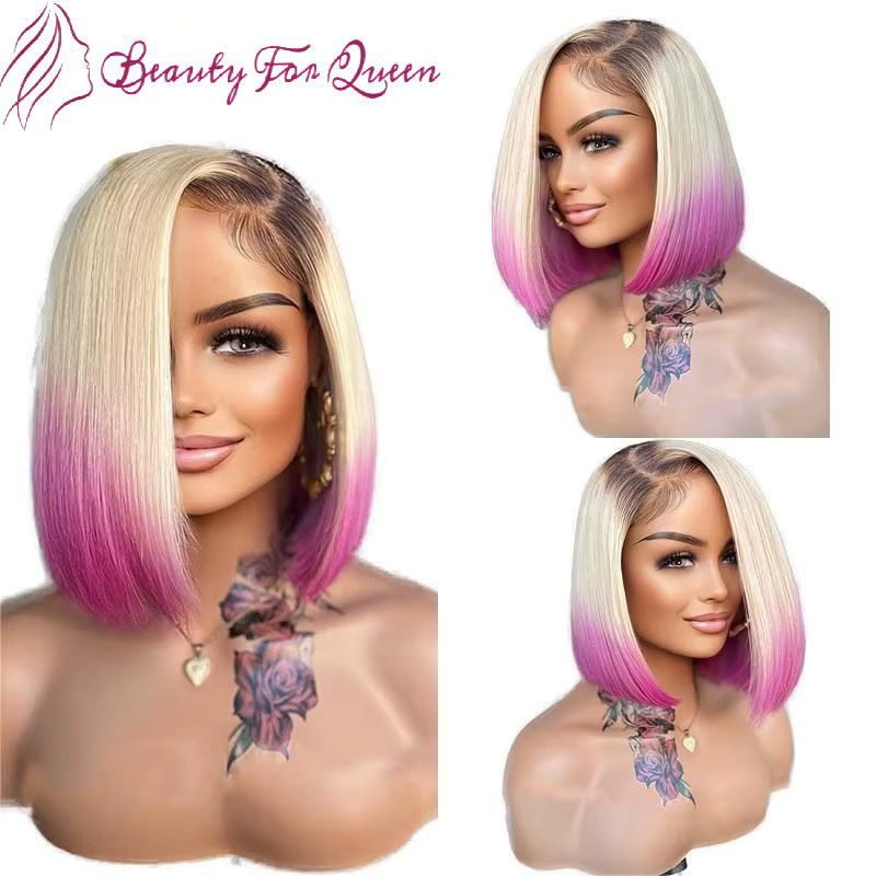 Nfhrsoe Bob-Schnitt-Perücke, Honigblond, Ombre-Rosa, Echthaar, Spitze-Front - Bild 4