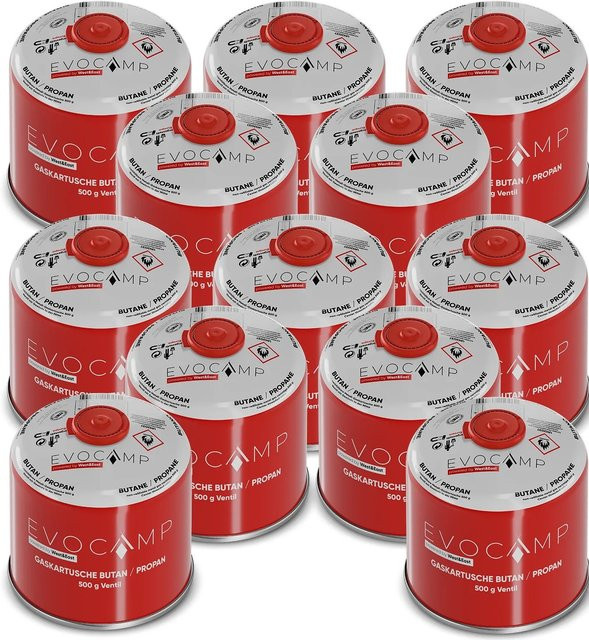 Evocamp Gaskartuschen Set 12 Stück mit Butan Propan und Schraubventil für Campingkocher und Gasgrills, 500 g pro Kartusche - Bild 1
