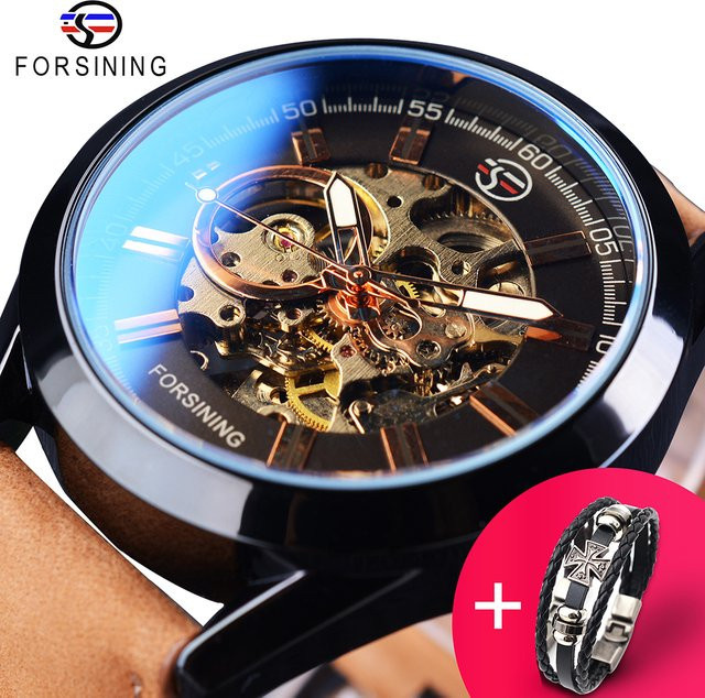 Forsining Armbanduhr Skeleton, Automatik, Leder, Herren, Schwarz, Silber - Bild 1