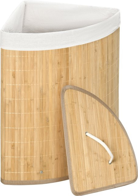 HOMCOM Wäschekorb aus Bambus mit Deckel und abnehmbarem Beutel, Eckkorb, 55l, Naturholz und Weiß, B/T/H: 38 x 38 x 57 cm - Bild 1