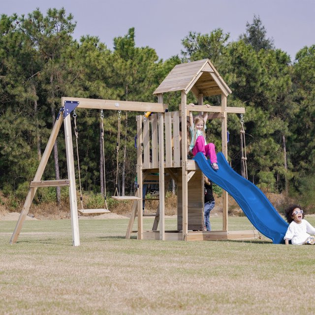 Axi Spielturm Moos mit Doppelschaukel Braun und Rutsche Blau - Bild 1