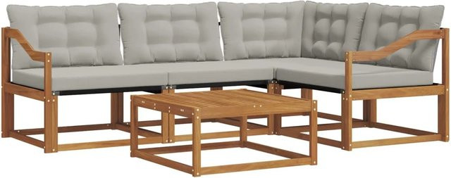 vidaXL Outdoor-Sofagarnitur 5-teilig L-Form aus Akazienholz und Textilene in Natur und Hellgrau mit UV-beständigen Kissen - Bild 1