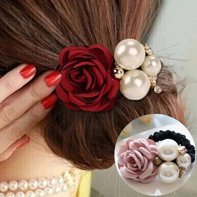 Haarschmuck Perle Rose Blume Kamelie Haarseil Scrunchie - Bild 1