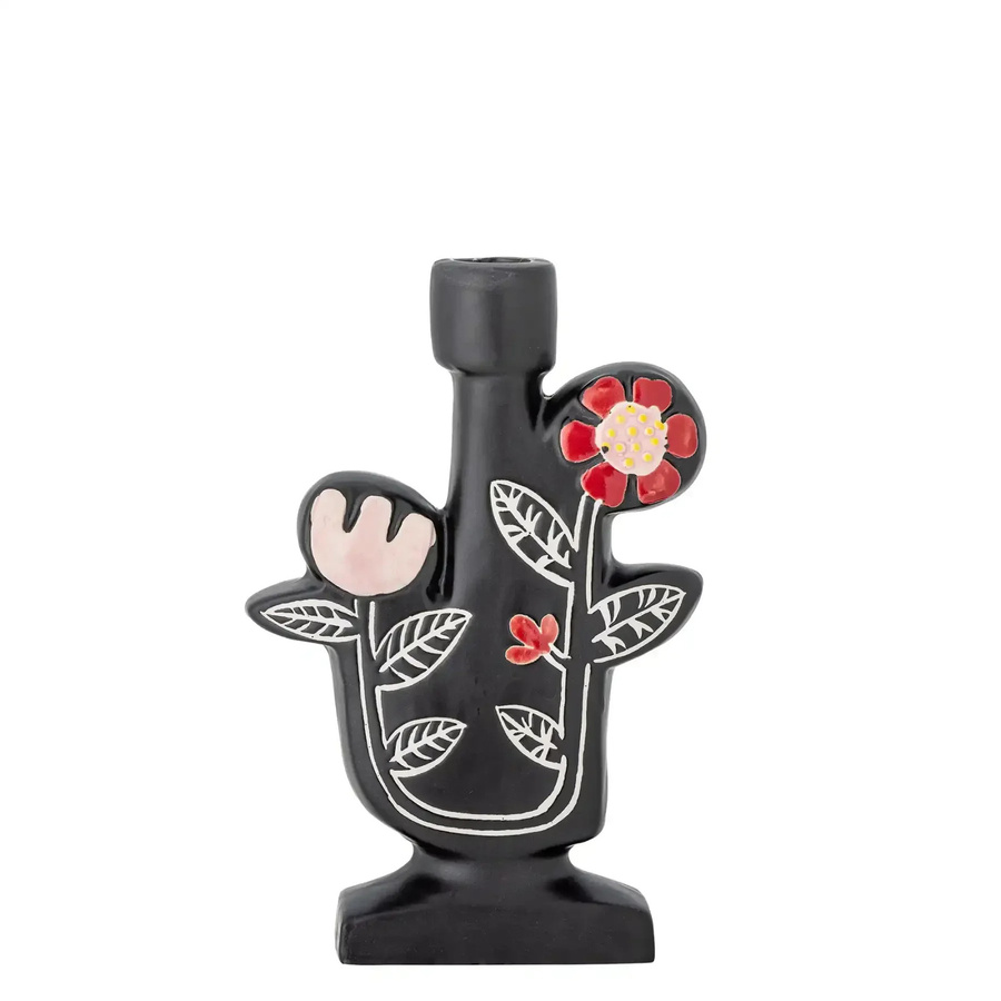 Bloomingville Kerzenständer Vivielle aus Keramik in Schwarz mit Blumenmotiven, Höhe: 21 cm - Bild 1