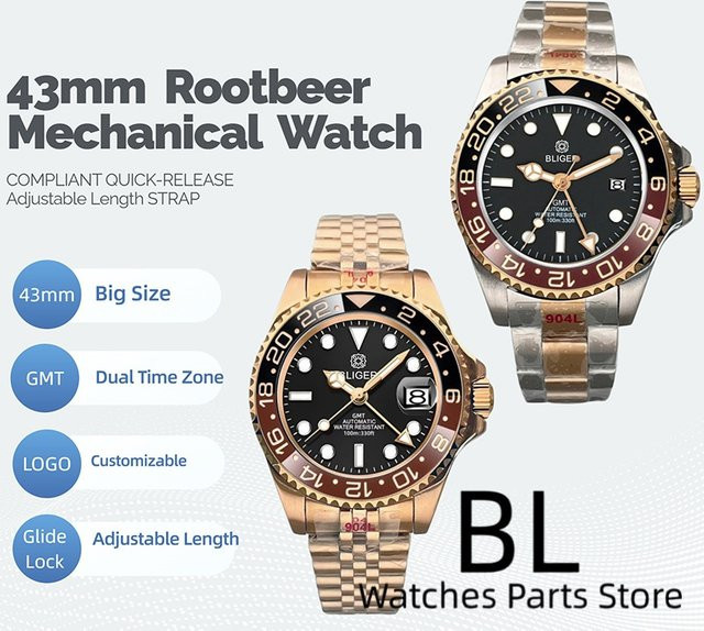 BLIGER Armbanduhr, Mechanisch, Edelstahl, 43 mm, Herren, Schwarz Braun - Bild 1