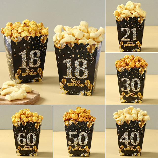 6er Set Popcorn-Boxen aus Papier in Schwarz-Gold für Geburtstag und Party-Dekoration - Bild 1