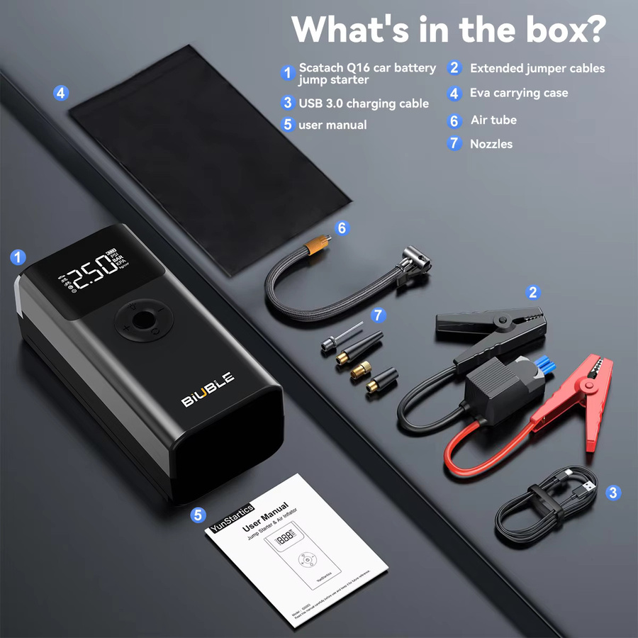 BIUBLE 8000A PEAK Auto-Notstarter mit tragbarem Luftkompressor und 150PSI digitalem Reifendruckmesser, 26800mAh Hochleistungsakku und 3-Modus-LED-Taschenlampe, Schwarz - Bild 5