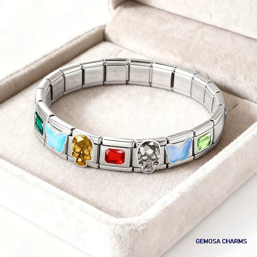 GEMOSA Charm-Link, Edelstahl, bunter Totenkopf, Schmetterling, quadratisches Bild - Bild 2