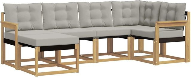 vidaXL Outdoor-Sofagarnitur 6-teilig aus Akazienholz und Textilene in Weiß-Hellgrau mit Kissen und Armlehnen - Bild 1
