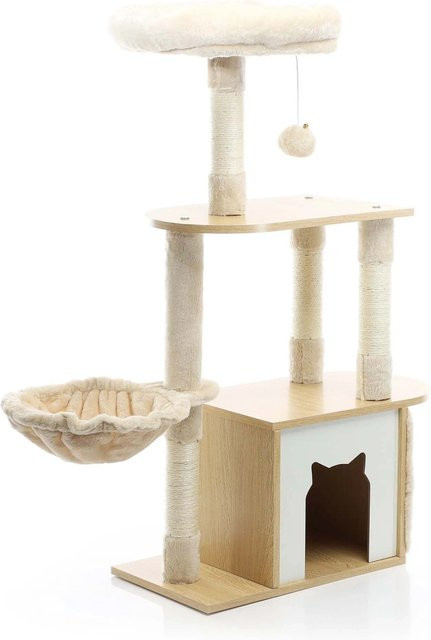 Fudajo Kratzbaum aus Holz in Beige mit Höhle, Hängematte und integriertem Spielzeug, Höhe: 106 cm - Bild 1