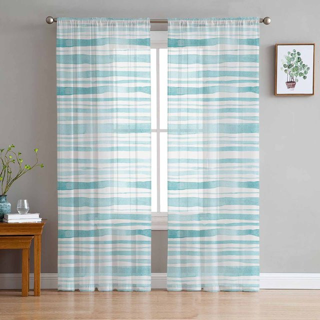 Super Six Aquarell Tüll-Fenstervorhänge aus Chiffon, Gestreift in Blau, Grün und Türkis, B: 135 cm, H: 114 cm - Bild 1