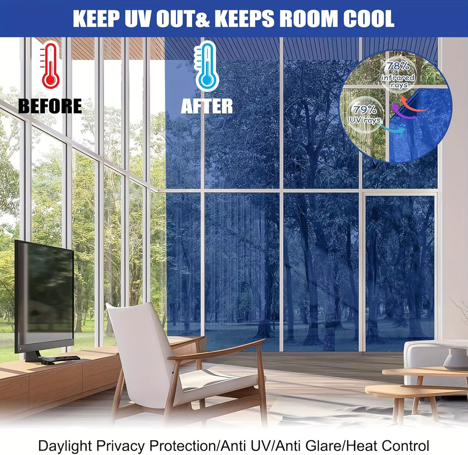 BUNPIG Sichtschutzfolie für Fenster, spiegelreflektierend und solar, statisch haftend, abnehmbar, Farbe: Silber/Blau - Bild 5