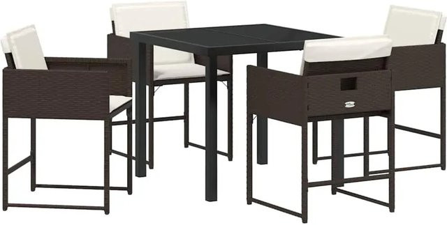 vidaXL Garten Essgruppe aus Poly-Rattan in Braun mit 5-teiligem Set, quadratischem Tisch und Kissen - Bild 1