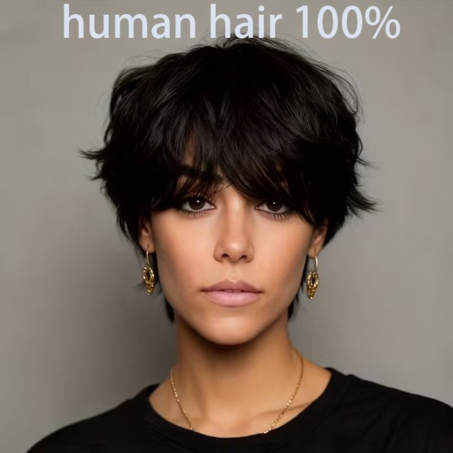 OYM HAIR Pixie-Perücke, 100 % Echthaar, Damen, mit Fransen - Bild 1