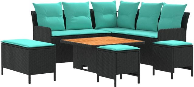 vidaXL Gartenmöbelset aus PE-Rattan in Schwarz und Türkis mit 7 Teilen und Polsterkissen - Bild 1