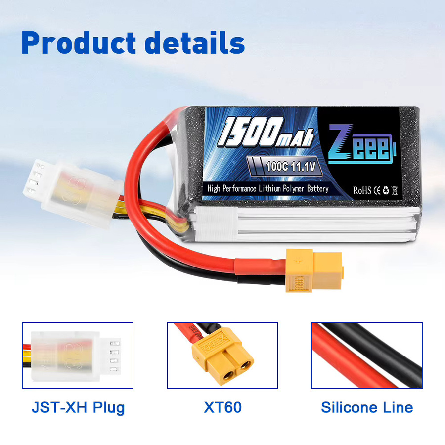 2er-Set zeee 3S LiPo Akku 11,1 V 1500 mAh 100C mit XT60 Stecker im Softcase für RC Auto, Drohne und Flugzeug - Bild 2