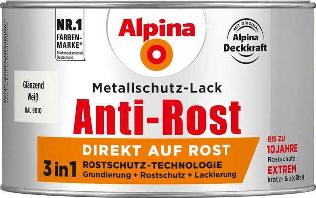 Alpina Metallschutz-Lack Anti-Rost Weiß glänzend 300 ml - Bild 1