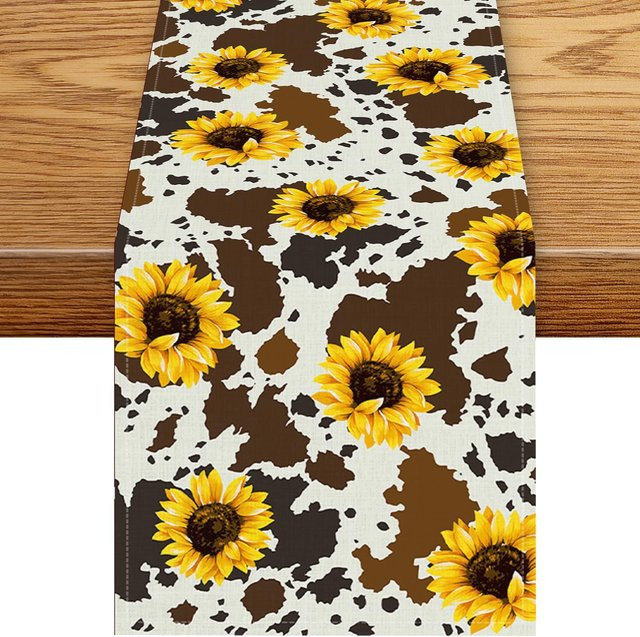 JINGYUE Pet Tischläufer aus Leinen mit Sonnenblumen- und Kuhfell-Print, Mehrfarbig, B/L: 150 cm - Bild 1