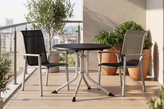 Kettler BasicPlus Pro Balkon-Set in Silber/Anthrazit mit klappbarem Tisch Ø 70 cm und 2 Stapelsesseln - Bild 1