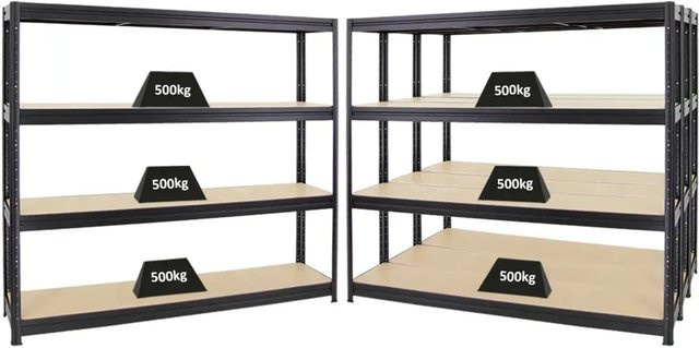 4er Set PROREGAL Schwerlastregal Dino Schwarz, H x B x T: 180 x 200 x 45 cm, Fachlast 500 kg mit verstellbaren MDF-Holzböden - Bild 1
