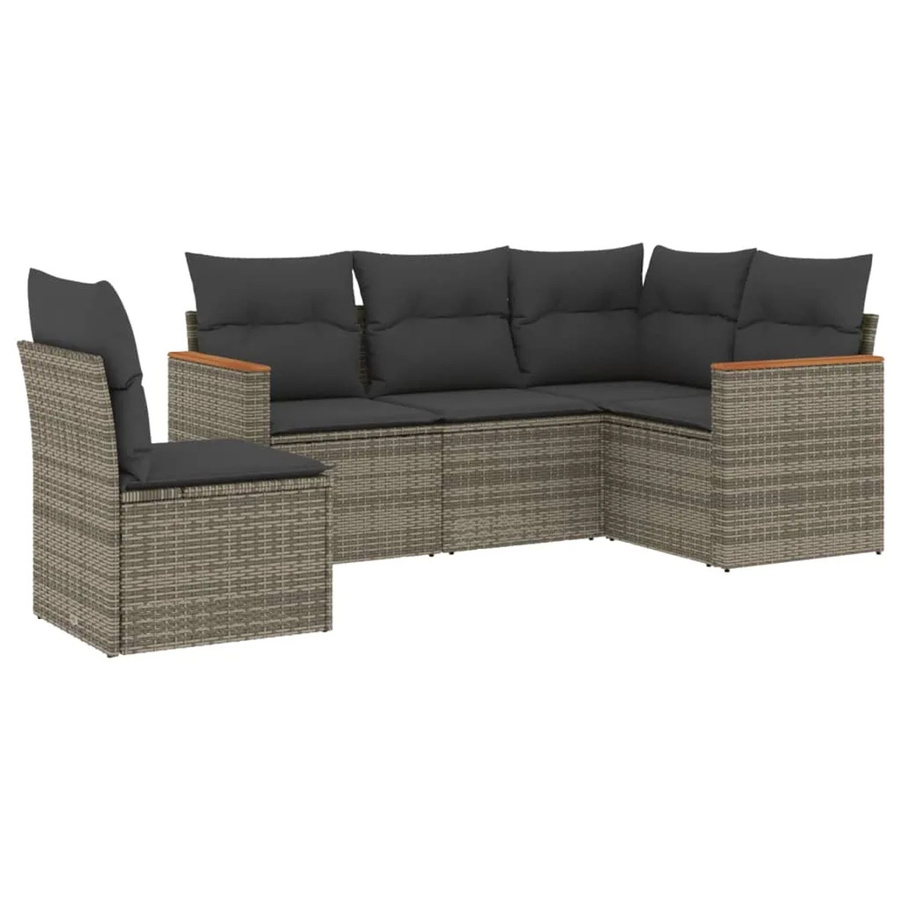 vidaXL 5-tlg Garten-Sofagarnitur L-Form aus Polyrattan und Akazienholz in Grau mit Kissen und Stauraum - Bild 2