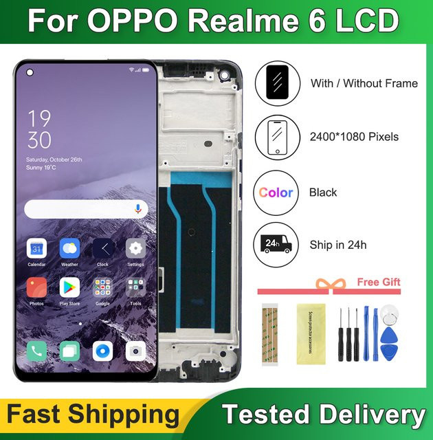 Realme 6 RMX2001 Ersatz-Display mit Rahmen: 6,5 Zoll IPS-LCD-Touchscreen Digitizer Baugruppe in Schwarz - Bild 1