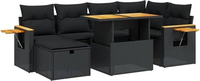 vidaXL 7-teilige Garten-Sofagarnitur aus Poly-Rattan und Akazienholz in Schwarz mit Kissen - Bild 1