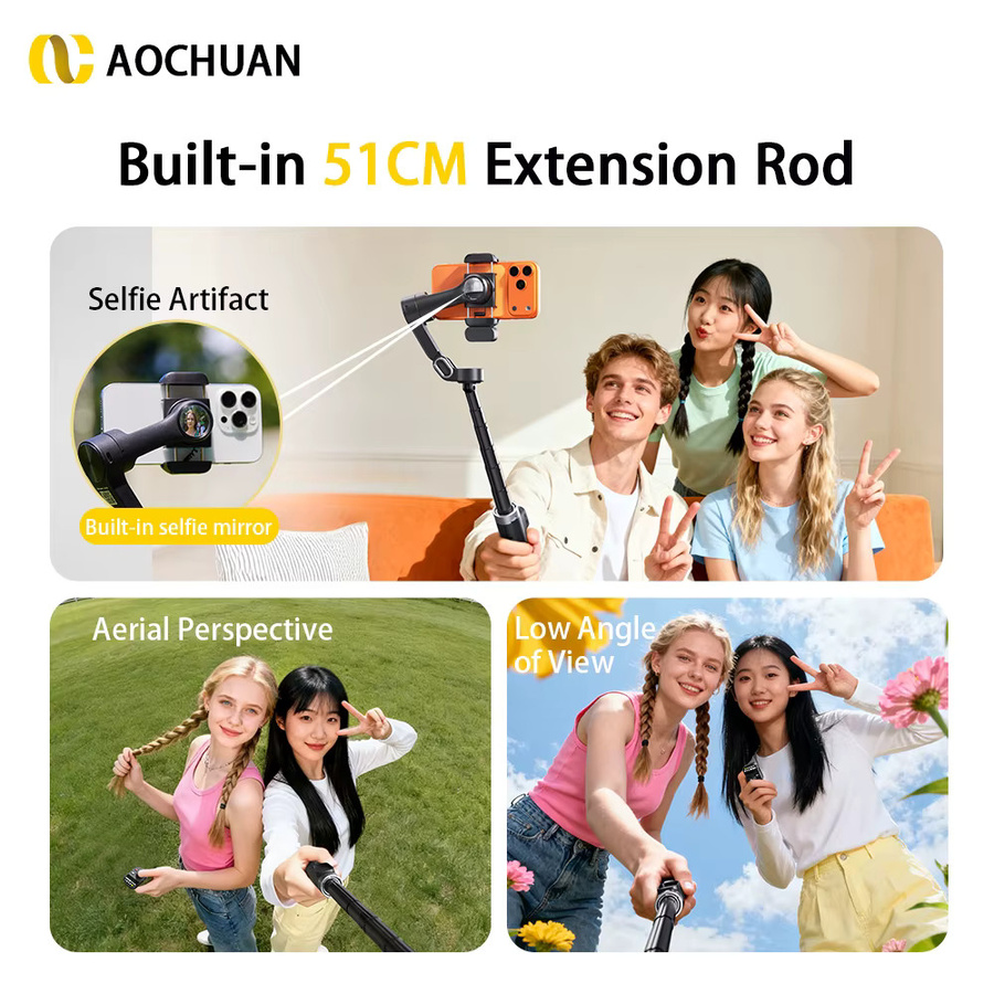 AOCHUAN Smart X3 3-Achsen-Gimbal-Stabilisator mit abnehmbarer Fernbedienung, 51 cm Verlängerungsstab und KI-Tracking in Schwarz - Bild 2