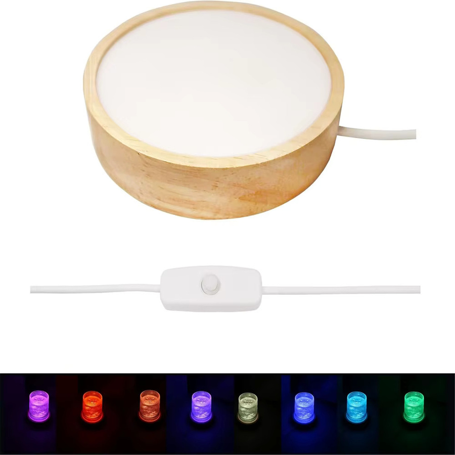 Runde LED Nachtlicht Basis aus Holz in Braun für Kristall- und Glas-Display mit USB-Anschluss - Bild 3