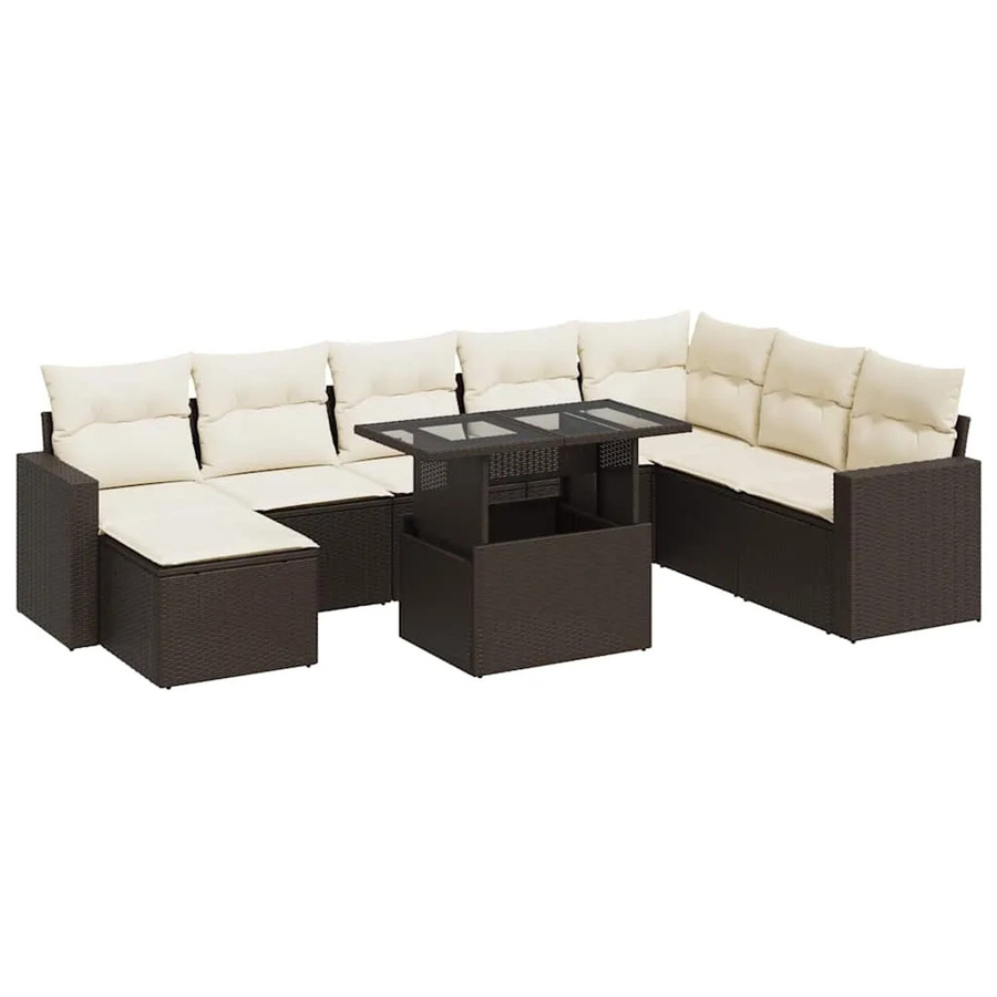vidaXL 9-tlg. Garten-Sofagarnitur in L-Form aus braunem Poly-Rattan mit cremeweißen Kissen und pulverbeschichtetem Stahlgestell - Bild 2