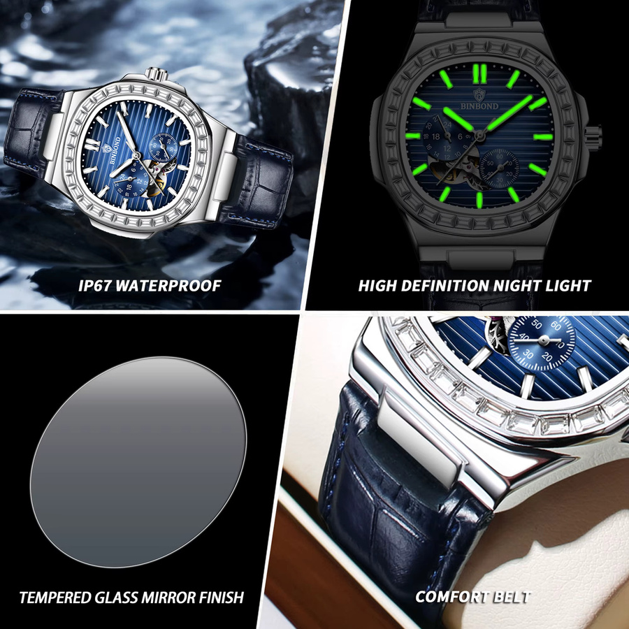 BINBOND Armbanduhr Automatik, Skelett-Uhr, Edelstahl, Blau, Leder, Herren - Bild 6