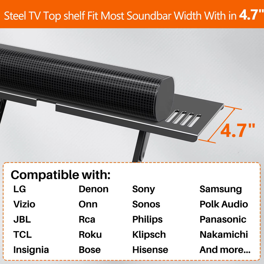 BEISHI Soundbar-TV-Halterung aus Stahl in Schwarz, universelle Bohrfreie TV-Oberablage für Soundbars bis zu 15 Pfund - Bild 6