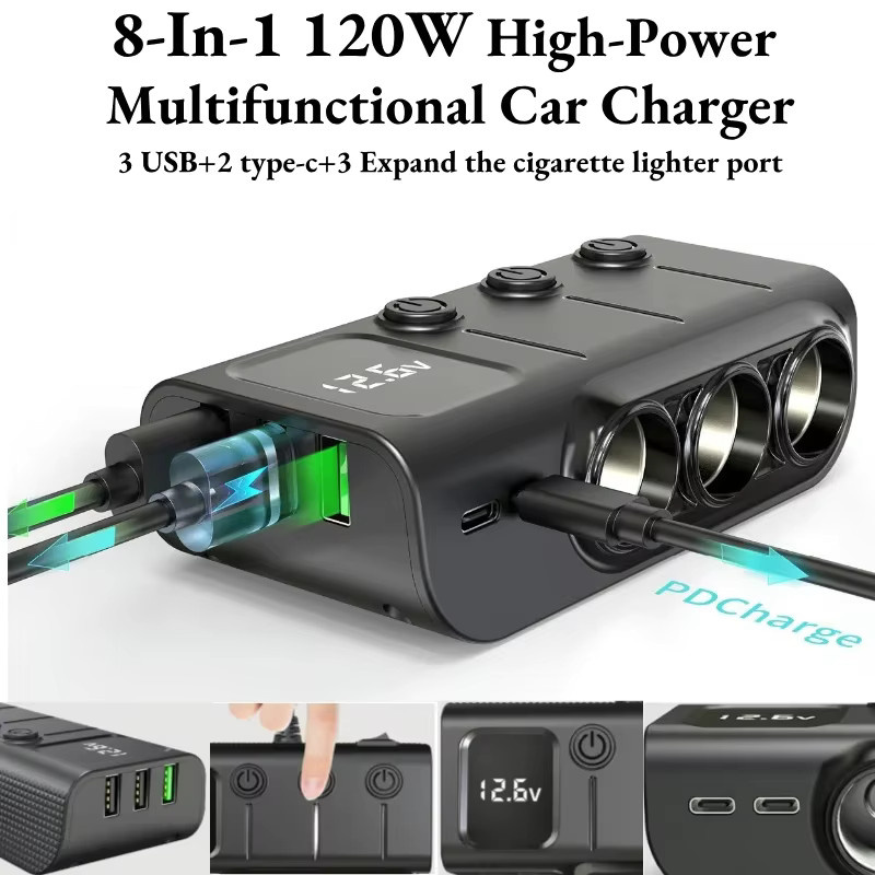 TCYATO Auto-Zigarettenanzünder-Adapter mit 3 USB-Buchsen inklusive USB-C, LED-Schnellladegerät für 12 V und 24 V, schwarz, ideal für iPhone, GPS und Dashcam - Bild 3