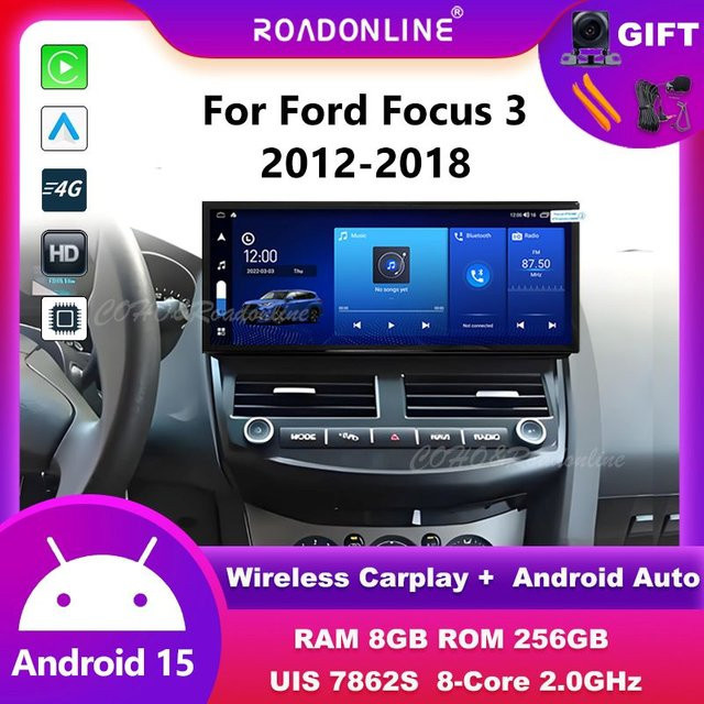 Roadonline Android 15 Autoradio für Ford Focus 2012-2018 mit Wireless CarPlay, Android Auto, GPS-Navigation und Bluetooth in Schwarz - Bild 1