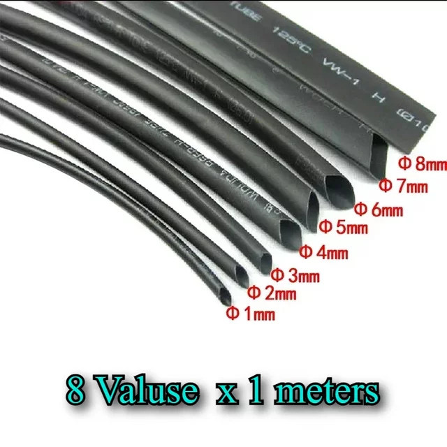 Schrumpfschlauch Set in Schwarz mit verschiedenen Durchmessern von 1 mm bis 8 mm, 8 Meter Gesamtlänge für Kabel und DIY-Anschlüsse - Bild 1
