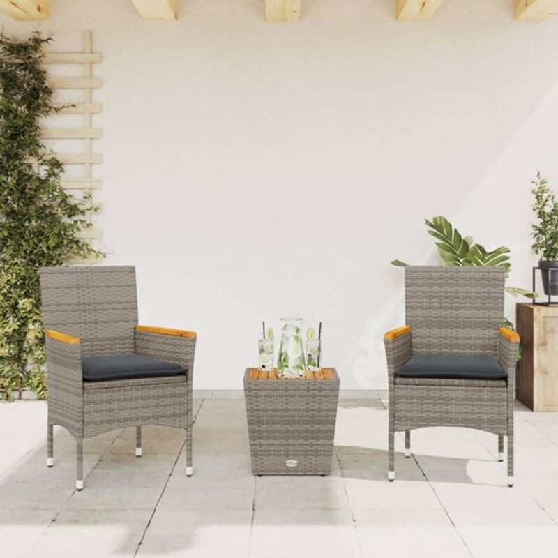 3-tlg. Bistro-Set aus Polyrattan und Glas mit Kissen in Grau von vidaxl - Bild 1