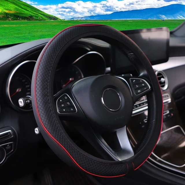 Lenkradbezug aus Leder mit Streifen-Design in Schwarz für Autos, passend für 14,5–15 Zoll - Bild 1