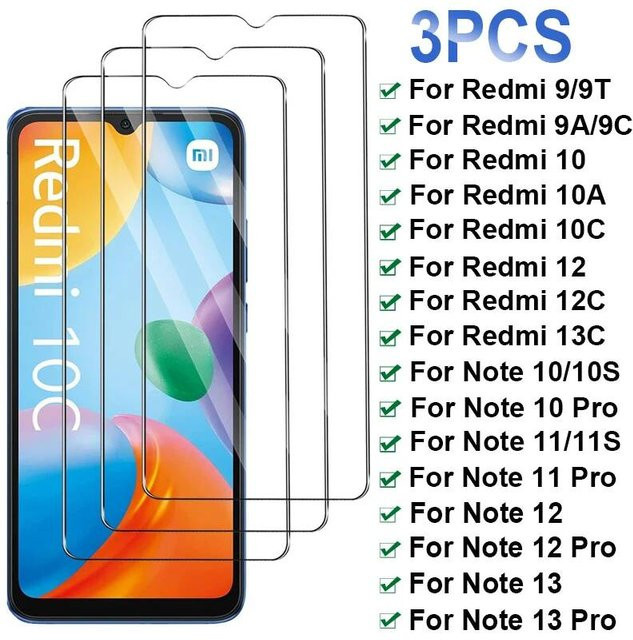 3er-Pack Displayschutzfolie aus gehärtetem Glas für Xiaomi Redmi Note 13 12 11 10 Pro 5G 10S 11S sowie Xiaomi 9A 9C 9T 10C 10A 12C 13C in Transparent - Bild 1