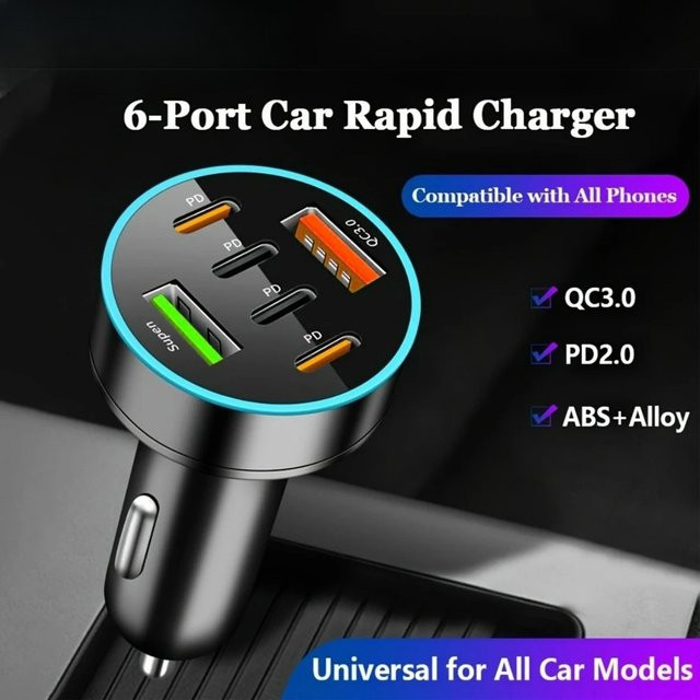 250W USB-Autoladegerät mit 6 Ports und PD Typ C für schnelles Laden von iPhone, Xiaomi und Samsung, Farbe: Schwarz - Bild 1