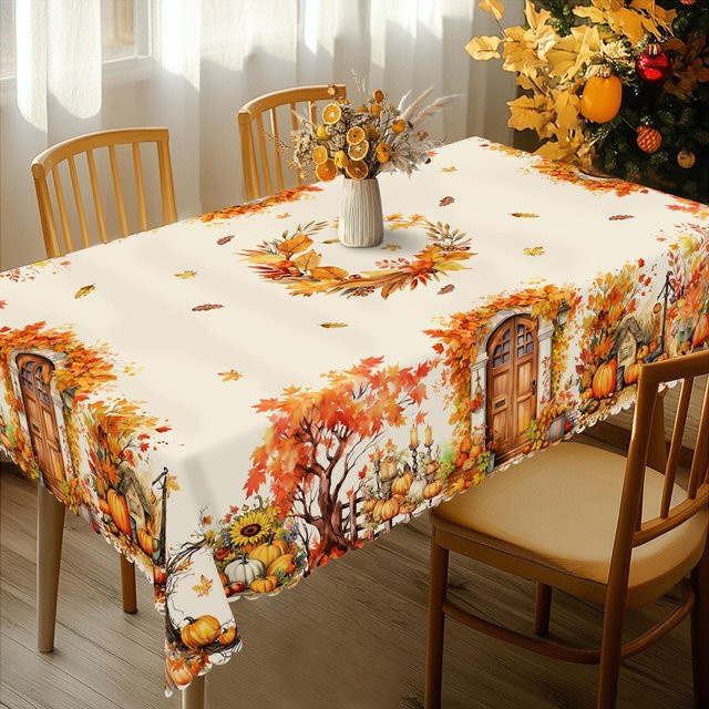 Beau Maison Weihnachts-Tischdecke im Vintage-Bauernhaus-Stil mit Weihnachtsmann, Rentier und Weihnachtsbaum, Farbe: Orange/Weiß, Durchmesser: 152 cm - Bild 1