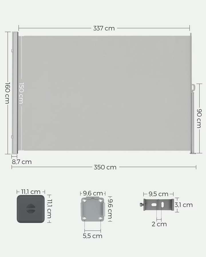SONGMICS Seitenmarkise aus Stahl in Hellgrau, ausziehbarer Sichtschutz und Sonnenschutz für Balkon, Terrasse oder Garten, B: 350 cm, H: 160 cm - Bild 2