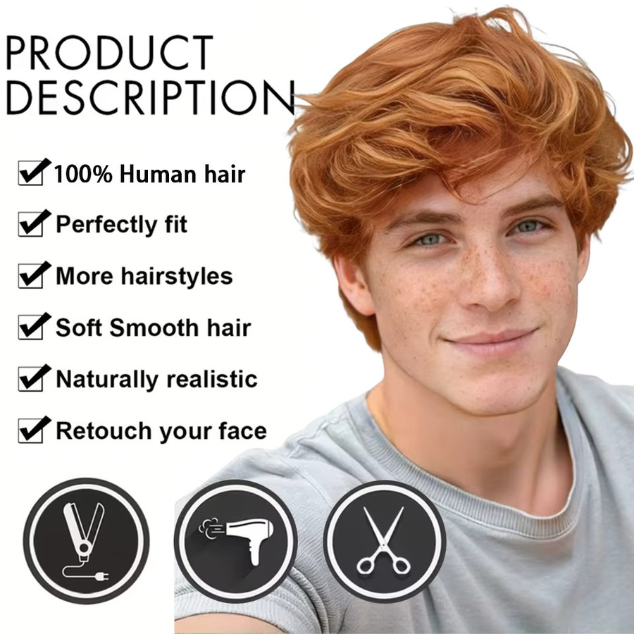 OYM HAIR Herren-Kurzhaarperücke, Pixie-Schnitt, Braunes Karamell, Remy-Echthaar - Bild 3