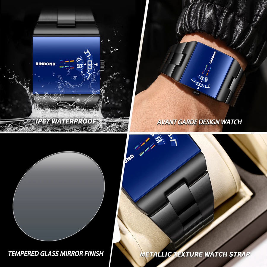 BINBOND Digitaluhr, Quarz, Edelstahl, Blau, Schwarz, Herren - Bild 6
