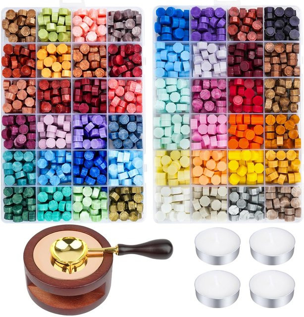 Wachssiegelperlen-Set aus Metall in Multicolour mit 48 Farben, Siegelwachswärmer, Löffel und 4 Kerzen - Bild 1